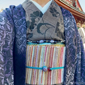 大島紬　半幅帯付き 白大島紬と麻地の半幅帯でふんわり愛らしいコーディネートを