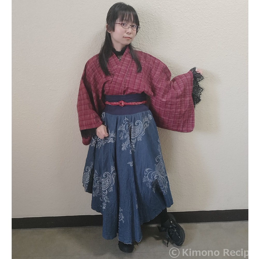 アンティーク着物とデニムの 理解不可解巻きスカート （着物地スカート  