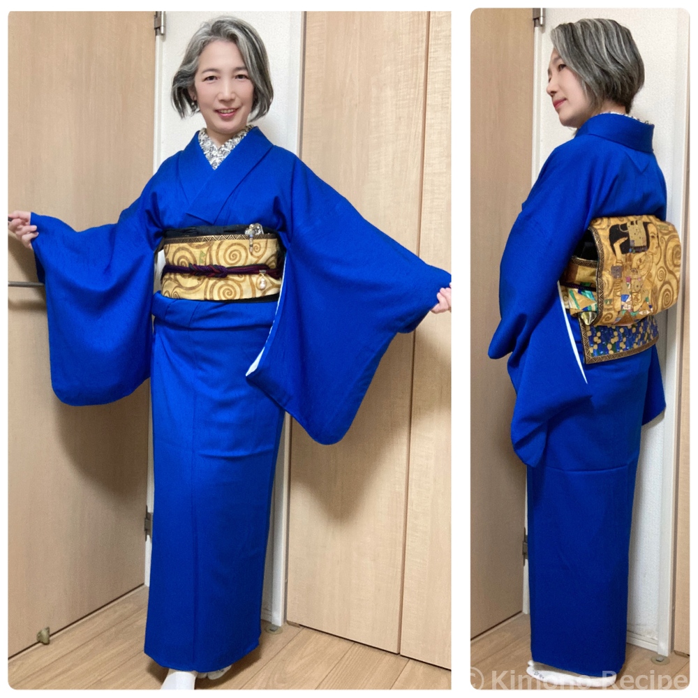 バレエ鑑賞は青い色無地とクリムト帯 | きものレシピ | KimonoRecipe