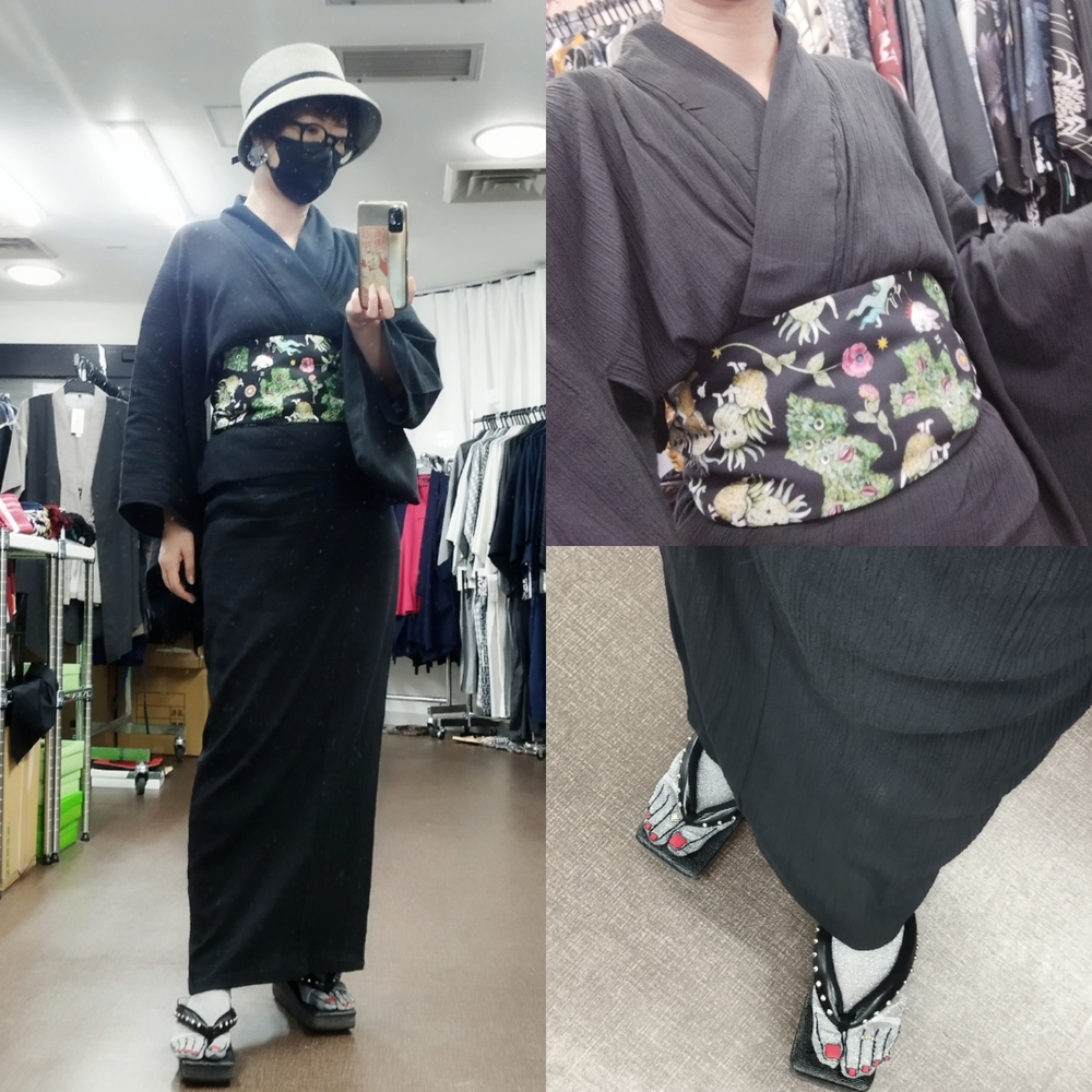 真っ黒楊柳浴衣にヒグチユウコ帯コーデ | きものレシピ | KimonoRecipe