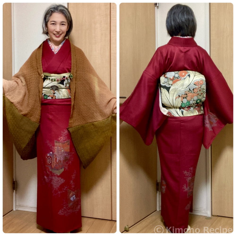 十二月大歌舞伎は臙脂橘柄付下げと羽根菊桐帯 | きものレシピ