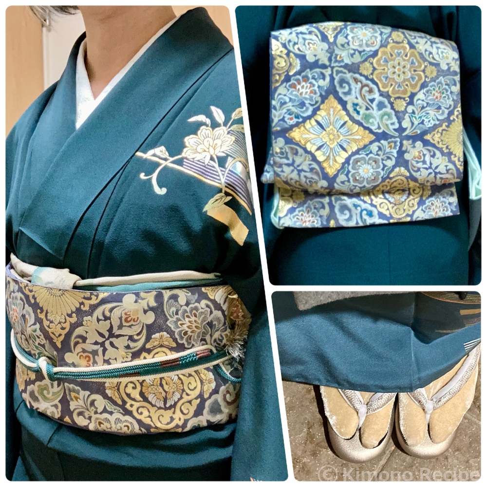 訪問着(袋帯つき)　袖丈長め　 草花文　金彩　金糸　未使用　紺青色　インスタ映え 訪問着(袋帯つき) 袖丈長め 草花文 金彩 金糸 未使用 紺青色 インスタ